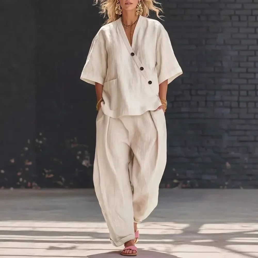 Women Fashion Casual Solid Color V Neck Short Sleeve Cardigan Top And Long Pants 2 Piece Set Loose Fit Soft Breathable