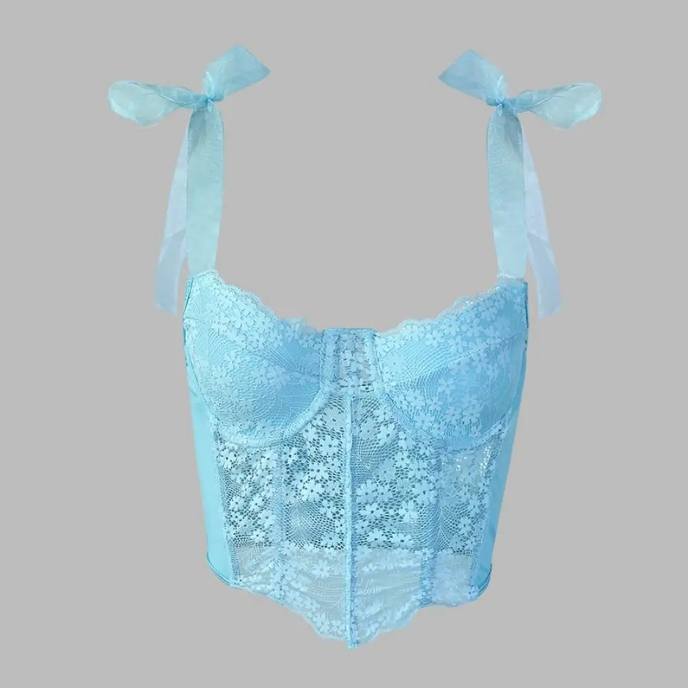 

Spicy Girl Style Mesh Hollow Lace Flower Camisole Transparent Sleeveless Lace Up Corset Tank Sweet Slim Crop Tops Ladies