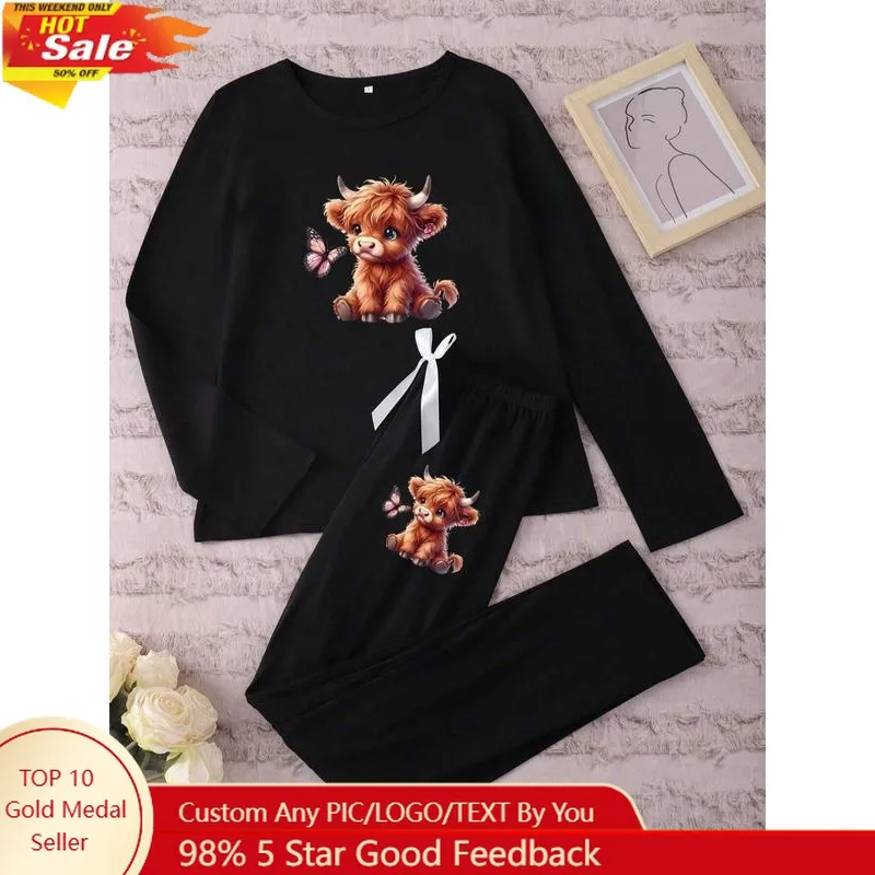 

Women's Long Sleeve Pajama Set, Cartoon Highland Cow Print, Casual Soft Fitted Sleepwear, Spring & Fall Nightgown, Moderate Fabr