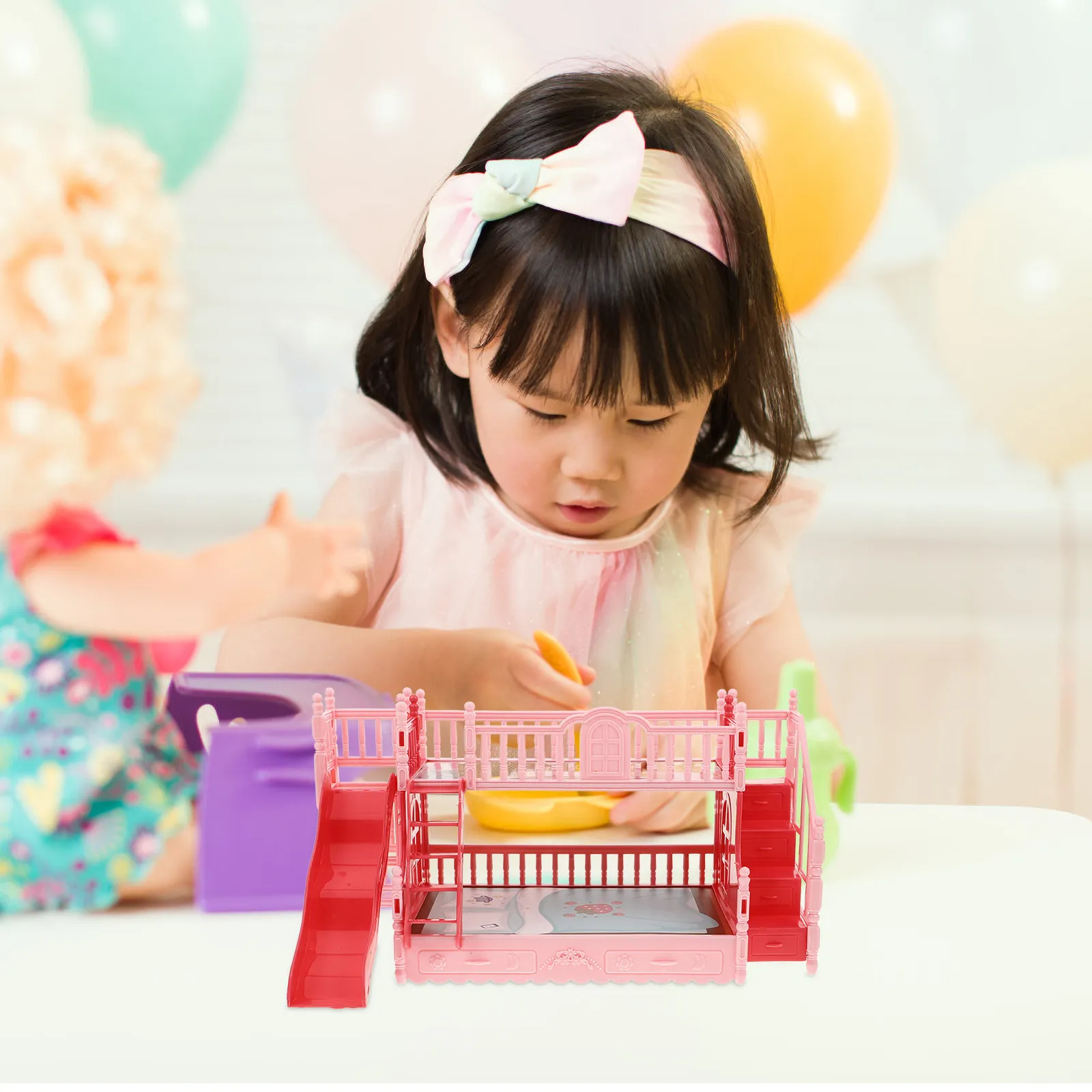 

1Set Elegant Double Layer Dollhouse Bunk Bed Set for Girls Pretend Play Miniature Furniture Decorative Bedroom Accessory