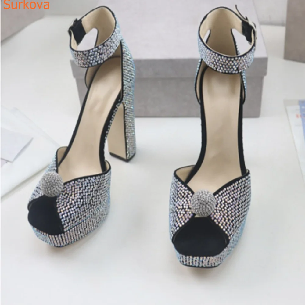 Pearl Rhinestone Peep Toe Buckle  Sandals Super High Heels Platform Peep Toe LeatherSummer Fashion Party 2023 Elegant Banquet