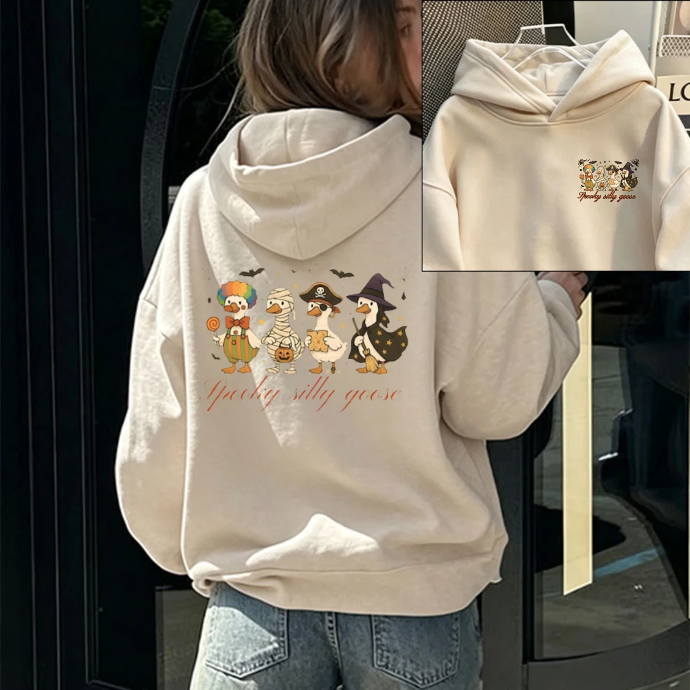 Spooky Silly Goose Halloween Hoodie Funny Geese in Clown Mummy Pirate Witch Costumes Bat Fall‑Vintage‑Letter Cartoon Hooded Tops