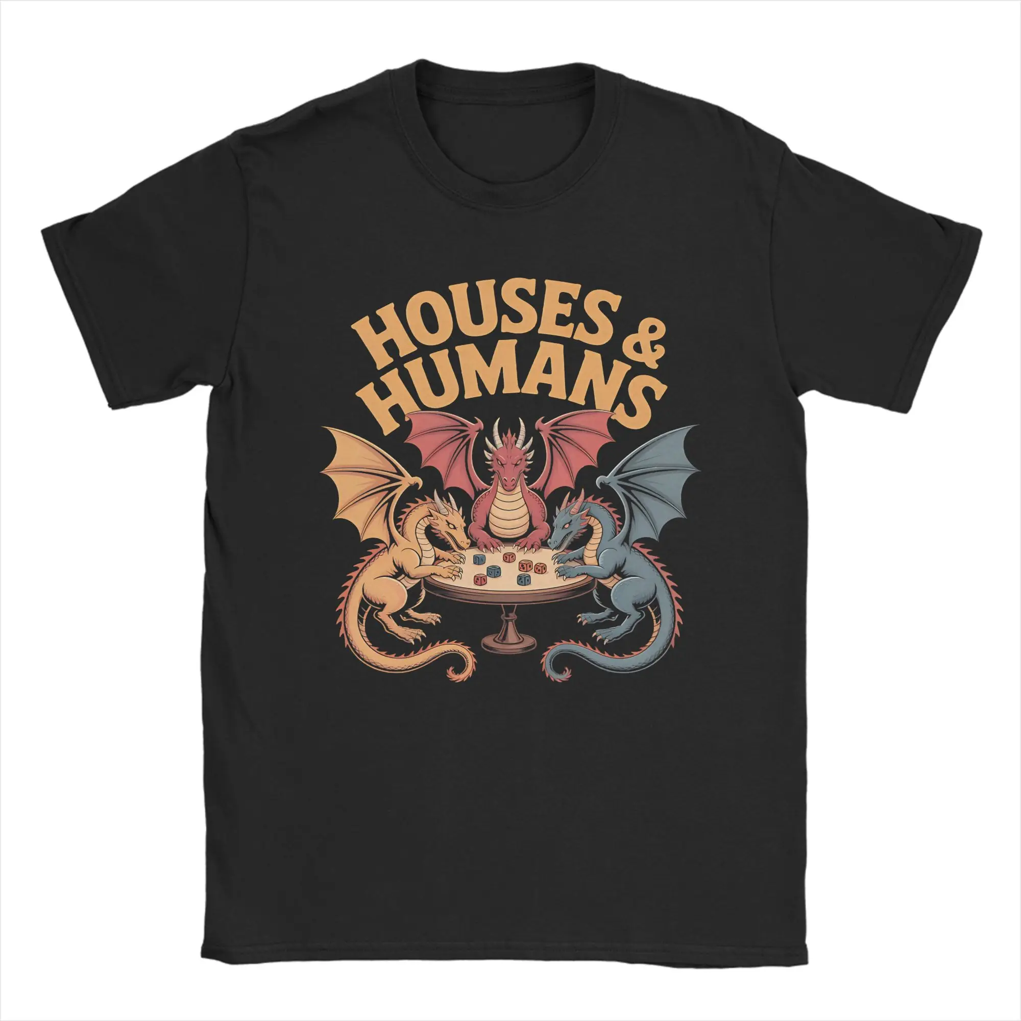 Printed Gaming Houses And Humans  Tshirts Men's Round Neck Short Sleeve Tops Shirts DnD Cotton Summer Tops