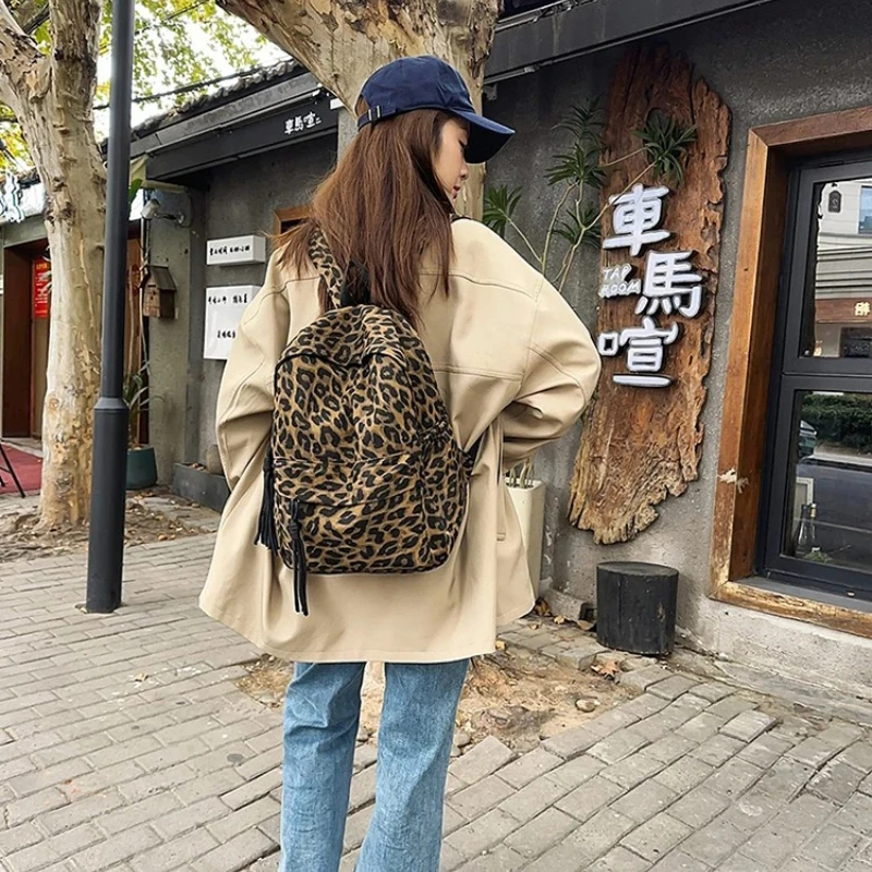Leopard Print Canvas Zipper Backpack Women Sweet Style Large Inner Zipper Pocket Daily School Travel Shoulder Rucksack