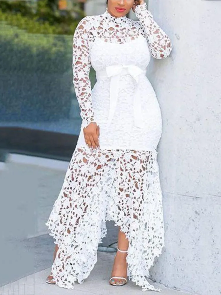 New Spring Autumn Dress Elegant French Lace Stand-up Collar Puff Sleeve Pullover Dress Waist Slimming Long Dress