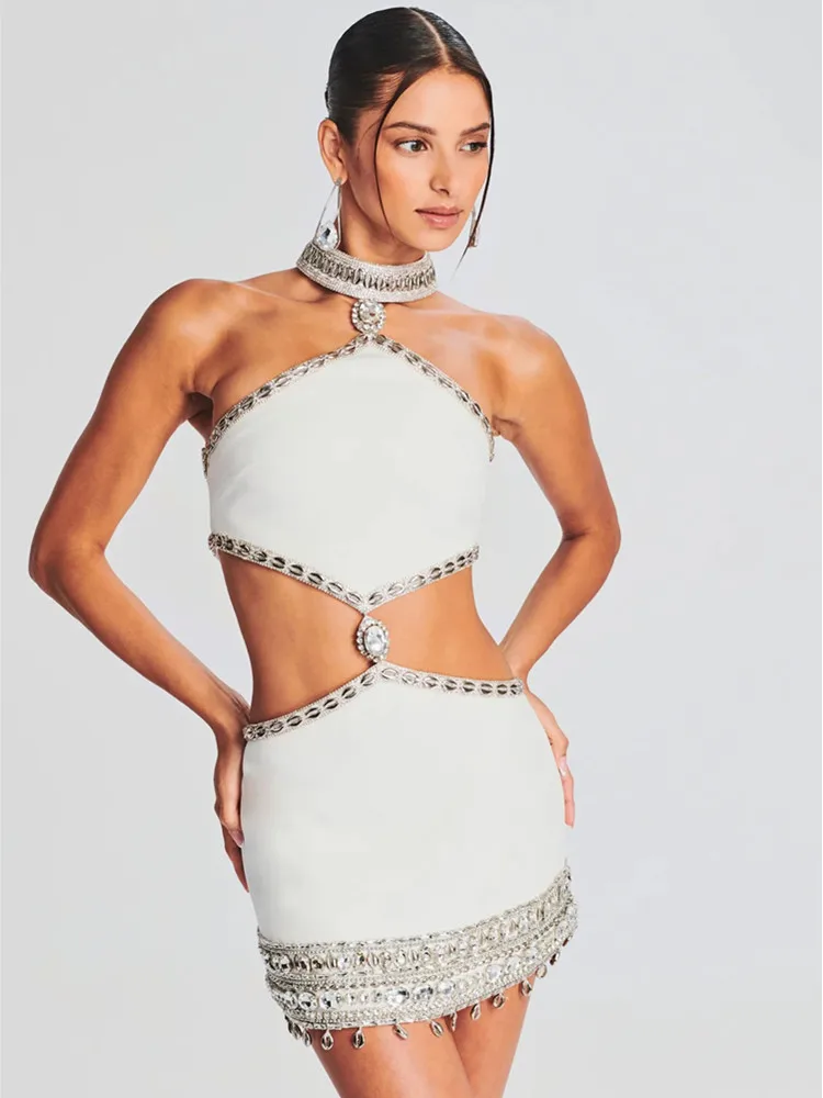 Women Celebrity Sexy Cut Out Halter White Diamonds Crystal Mini Bodycon Bandage Dress 2024 Elegant Evening Club Party Outfit