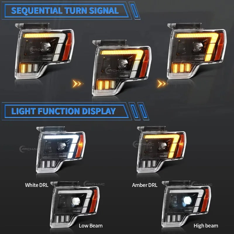 Archaic LED F-150 Headlamp for 2009-2014 for  F150 Dual Beam with Sequential White Amber DRL 6000k Color Temperature