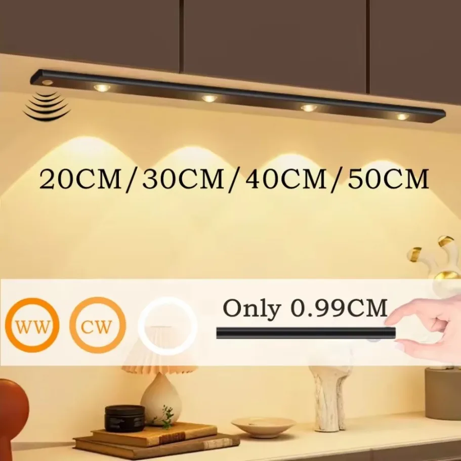LED Night Light 3 Color Dimmable Motion Sensor USB Rechargeable Lamp for Kitchen Wardrobe Cabinet Lighting 20CM/30CM/40CM LEDs