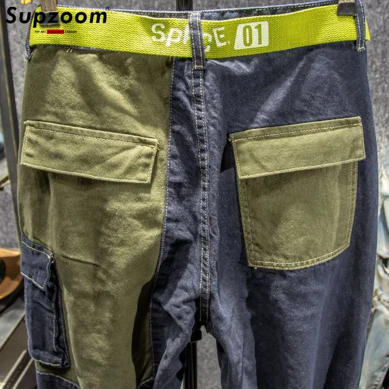 Supzoom Barang Baru Diskon Besar Mode Atasan Musim Gugur Ritsleting Terbang Stonewashed Kasual Patchwork Kargo Denim Kantong Celana Jeans Katun Pria