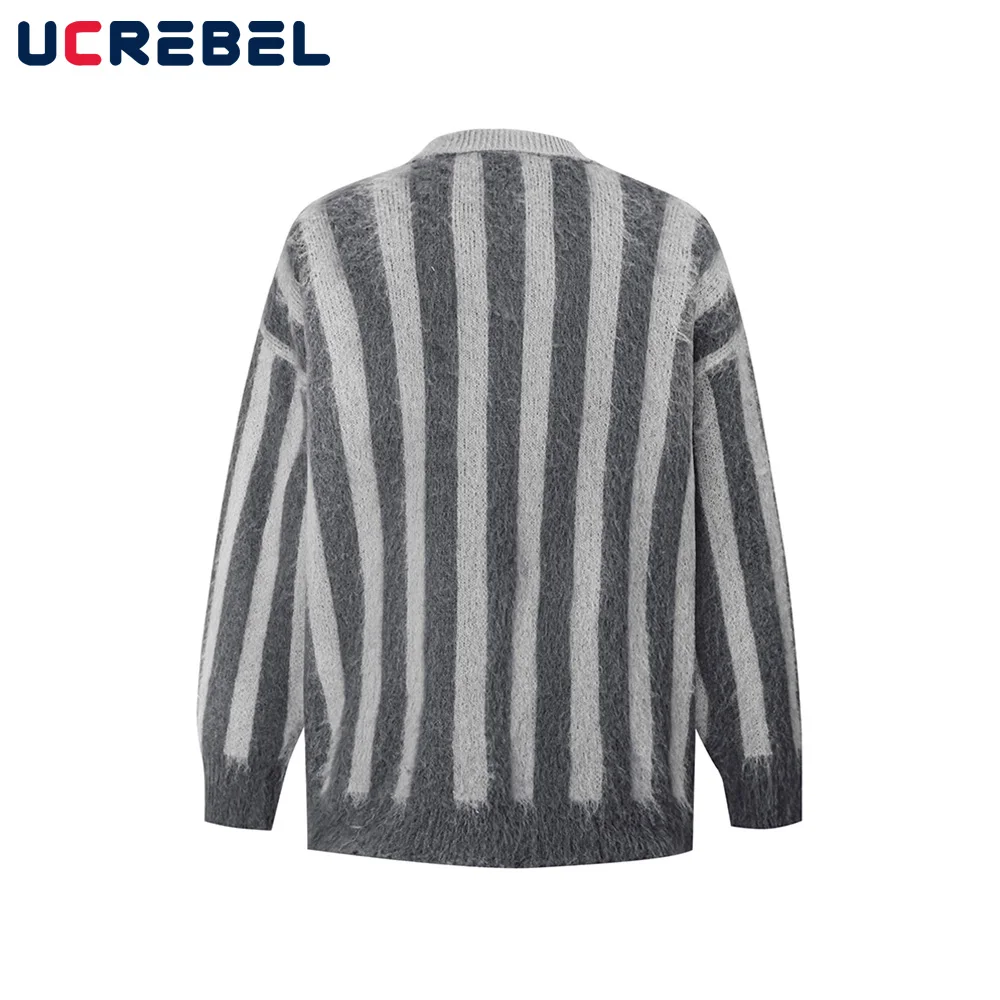 Vertical Stripes Knitted Sweater Mens Letter Embroidery Autumn Winter High Street Spliced Lapel Long Sleeve Pullover Men