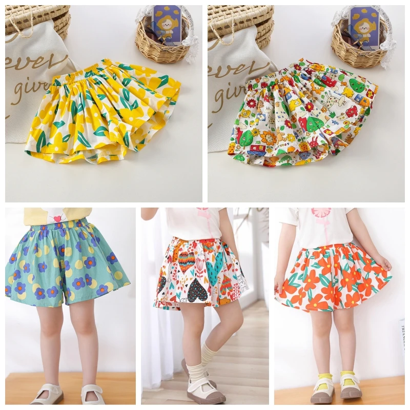 Kids Girls Cotton Print Princess Pleated Skirt Sweet Big Kids Girls Tutu Skirts Elastic Waist Mini Skirt Clothes For Girls DS29