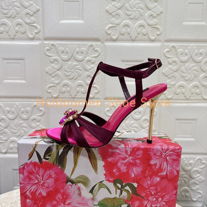 

Pink Leather Shiny Large Gem Buckle Rhinestone Decor Sandals Wrapped Pointed Toe Slingback Back Strap Stiletto Women's Sandals