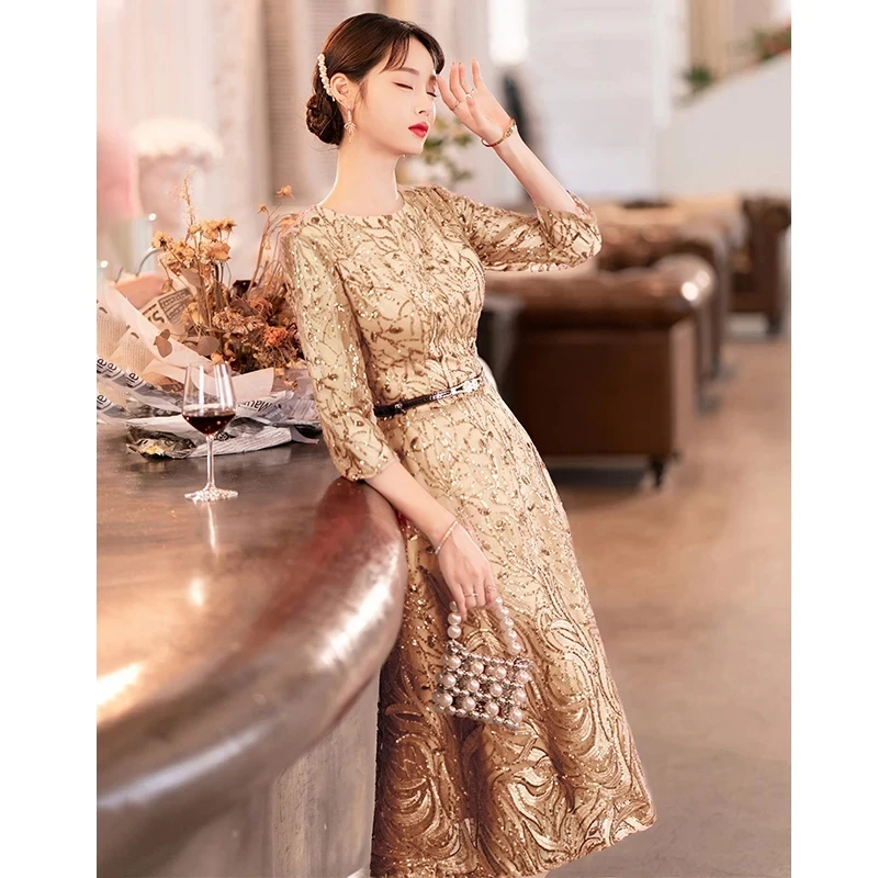 Customized Gold Evening Dresses For Mother Of The Bridal Elegant Modest Round Neck A-Line Tea-Length Sequin Wedding Guest Dress