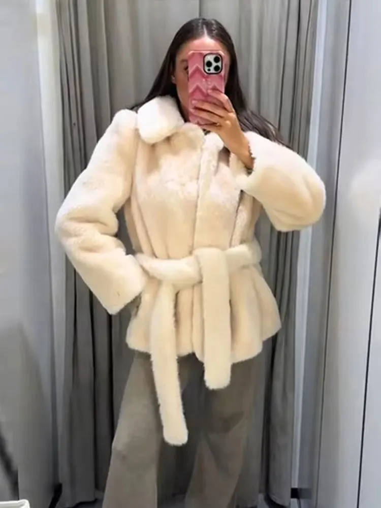 HH Winter Vrouwen Warme Nepbontjassen Met Riem Elegante Effen Revers Lange Mouwen Jassen 2025, Mode High Street Lady Chic Uitloper