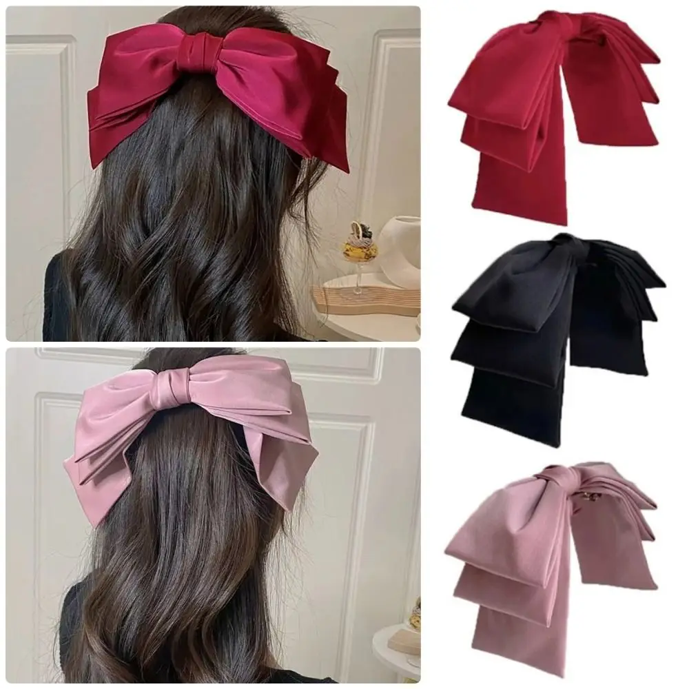 1 шт., атласная заколка для волос с большим бантом, корейская мода, многослойные банты для волос для девочек и женщин, однотонная розовая, черная заколка для волос