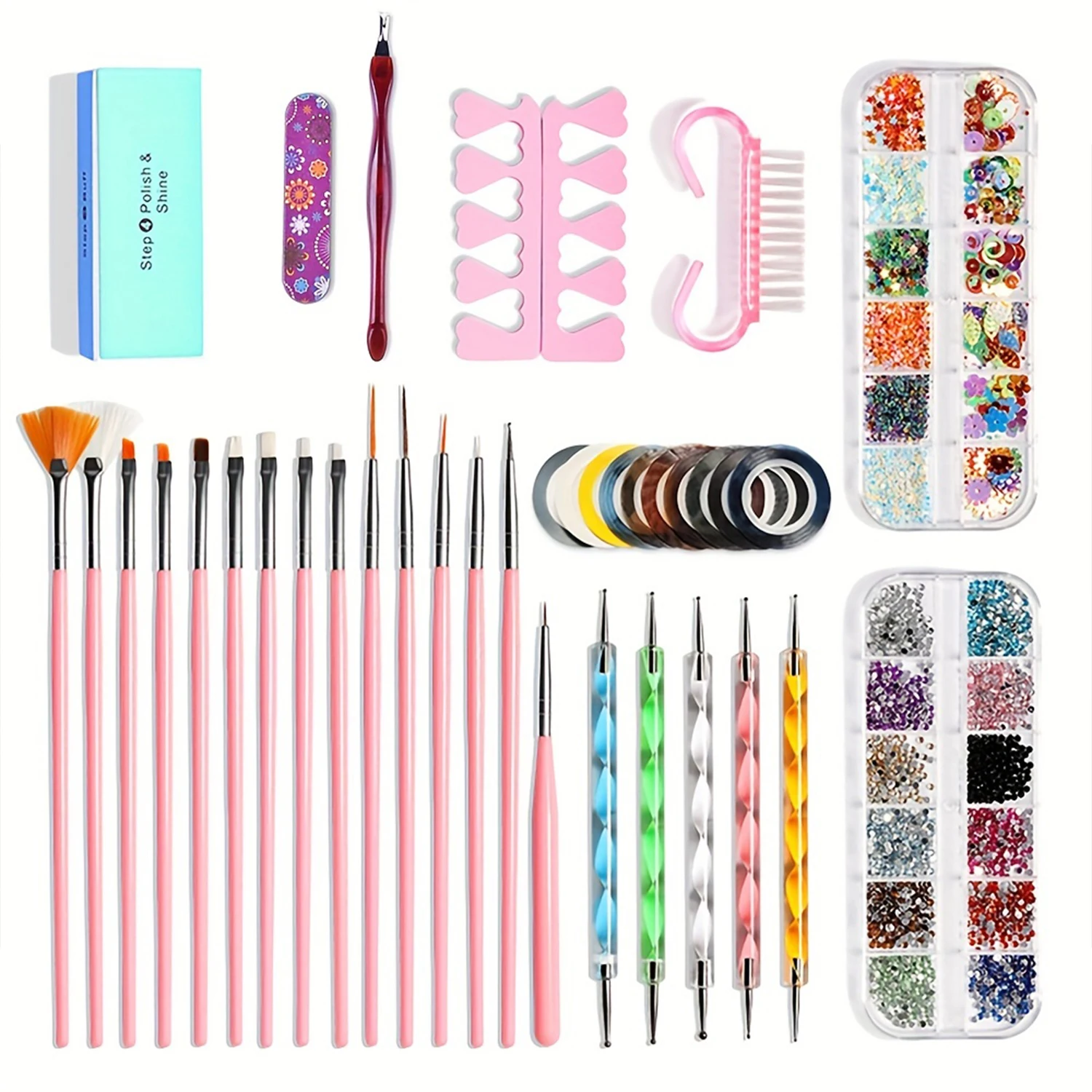 38PCS Nail Brush Gel Polished Nail Art Drawing Dot Drill Pen Nail File Buffer Block Colored Rhinestone Nail Art Decoration