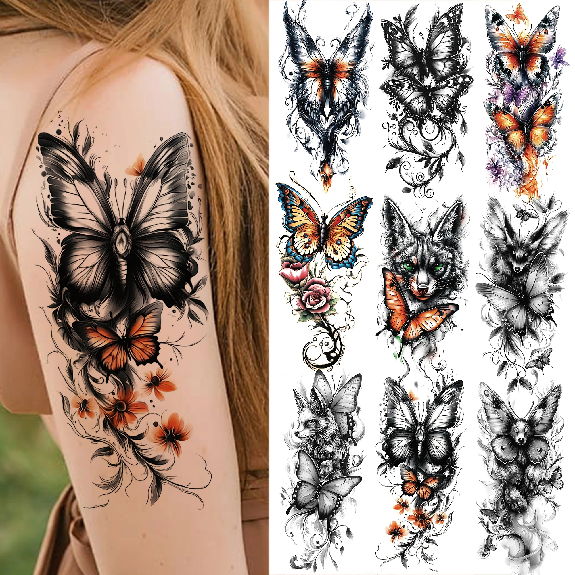 1 Sheet Butterfly Flower Temporary Tattoos For Women Adults Sexy Tattoo Sticker Fake Sleeve Disposable Transferable Tatoos