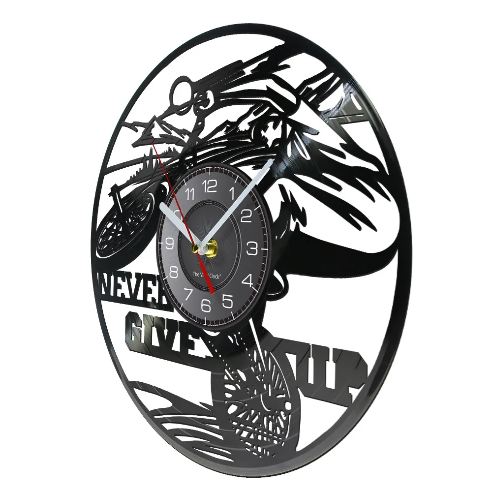 CYCLIST Vinyl Record Wall Clock BICYCLE Home Decor Inspirational Quote Never Give Up Clock Sports Handmade Gift For Riding Fans