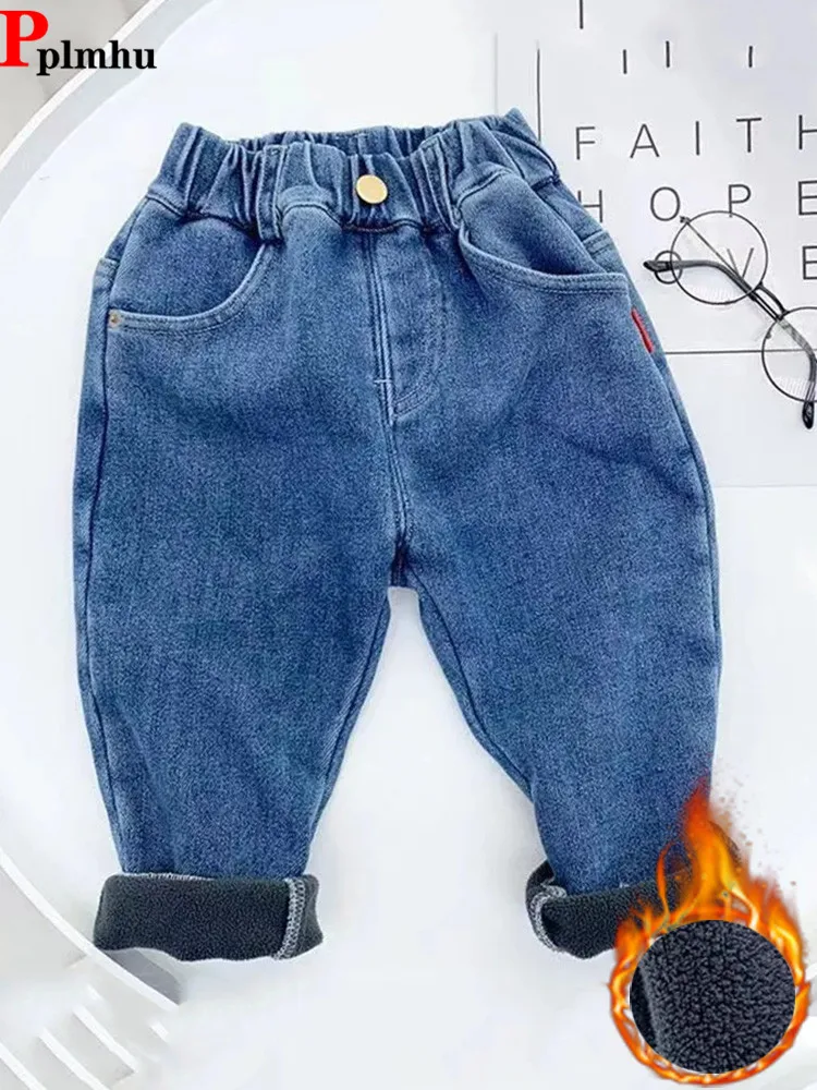 Jeans sarouel doublés en peluche pour garçons, pantalons en denim épais pour enfants, pantalons taille haute élastiques baggy, plus velours chaud,