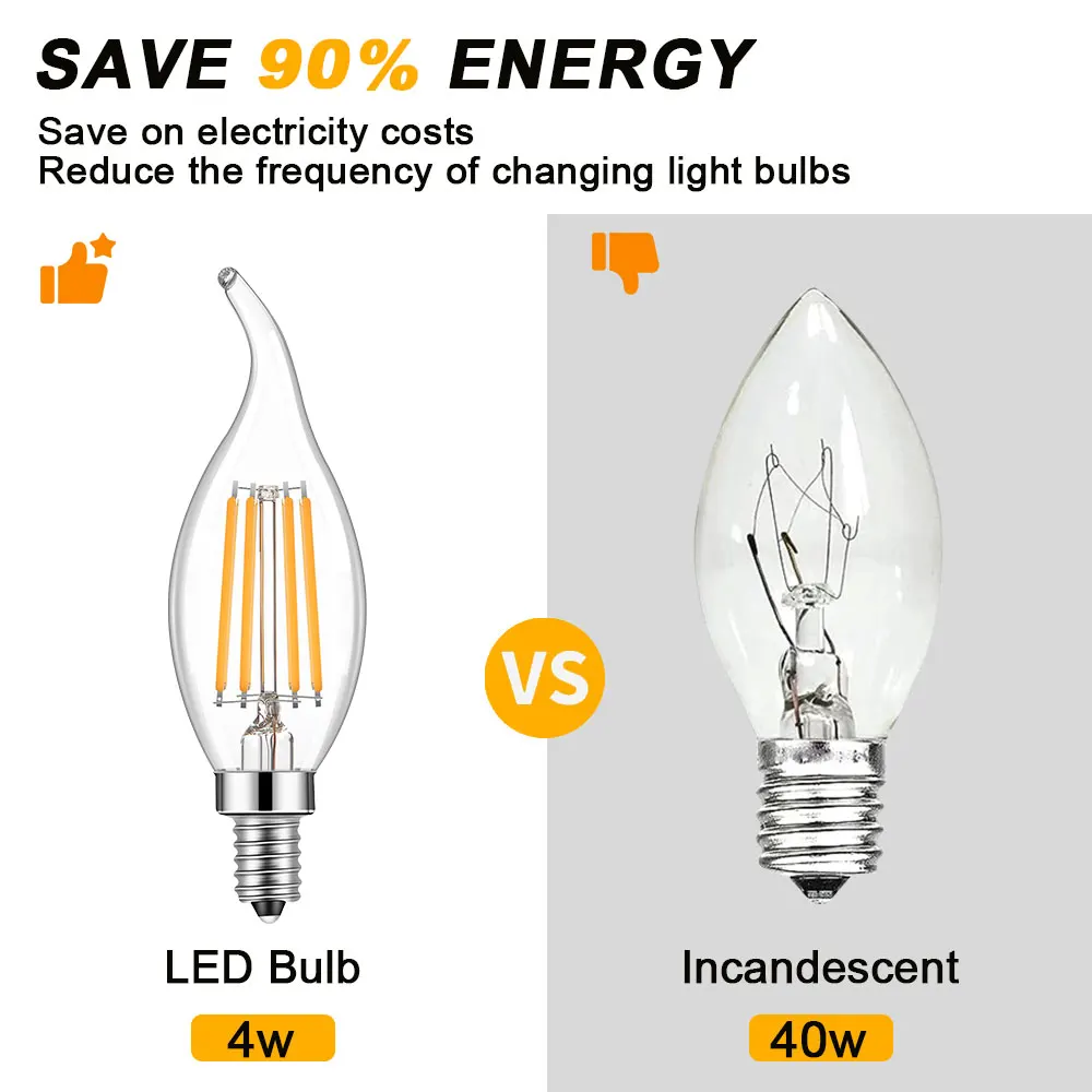 E12 الثريا لمبة C35 4 واط 320LM خمر LED مصباح واضح العنبر الزجاج لهب تلميح شمعة ضوء لمبات ل مروحة السقف قلادة ضوء #3