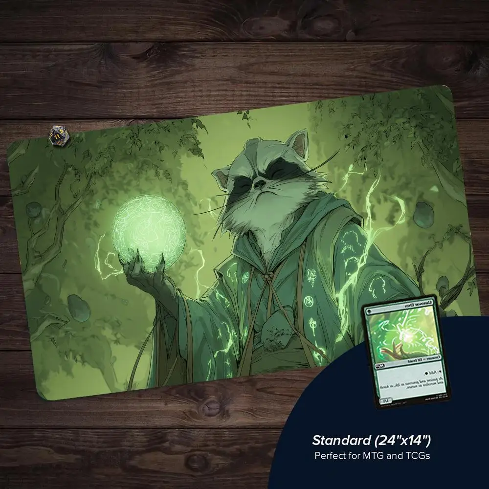 

Фэнтезийный зеленый енот, волшебный дизайн, MTG игровой коврик, волшебная карта, боевой коврик, нескользящий коврик с прошитыми краями, волшебный mtg, настольный игровой коврик