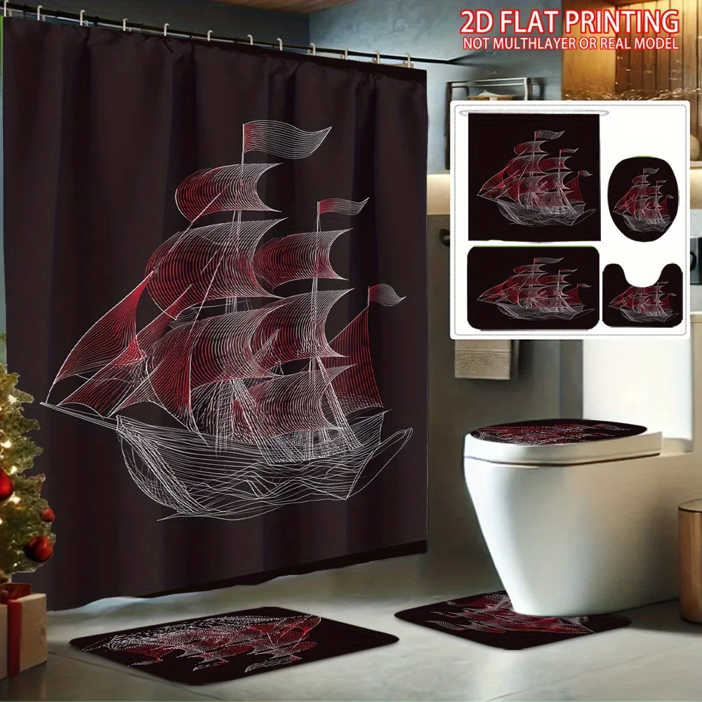

2D Flat 4pcs Line-Outlined Sailboat Printed Shower Curtain Set, Bathroom Decor Set Includes Shower Curtain, Non-Slip Bath