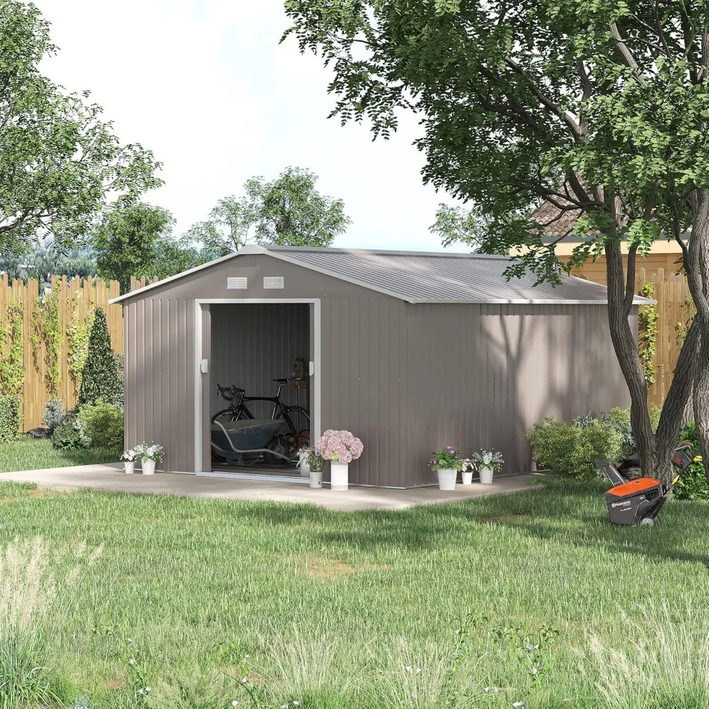 11' x 13' Outdoor Storage Shed, Garden Tool Metal Shed with Foundation Kit, Double Lockable Door, Air Vents and Sloping Roof