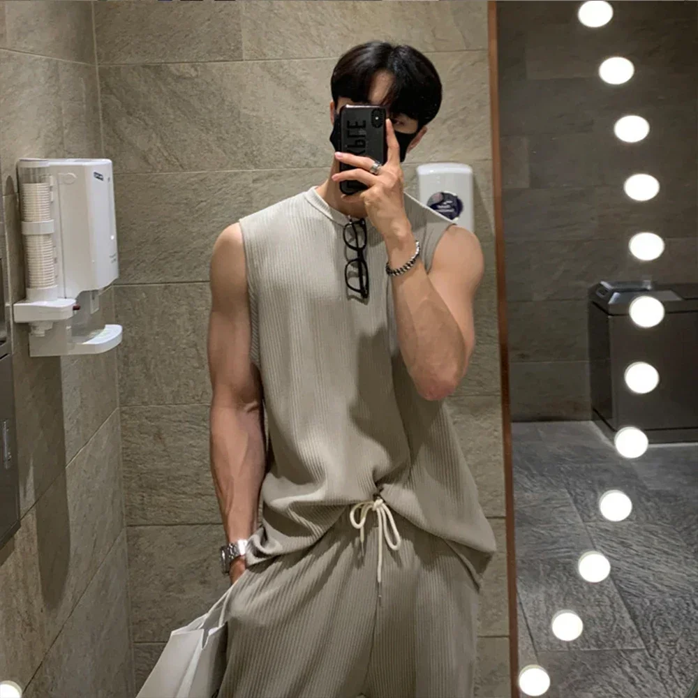 New Summer Clothing Mens Casual Tank Tops Set Luxury Korean Streetwear O Neck Solid Drape Vest and Trousers 2 Piece Suit