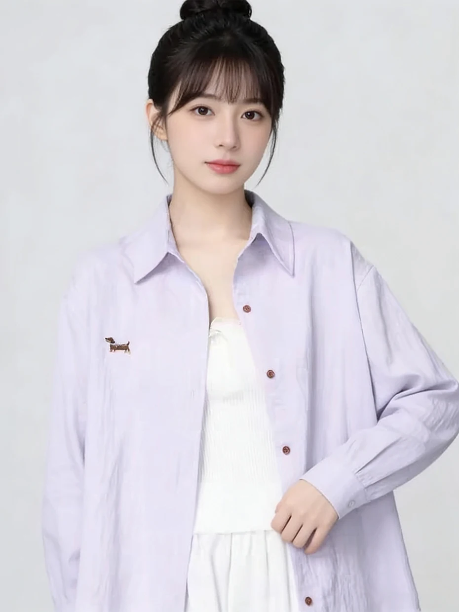 

Loose Fit Long Sleeve Collar Sun Protection Shirt Purple Women's Outerwear Open Cardigan Style Daily Wear Casual Shirt
