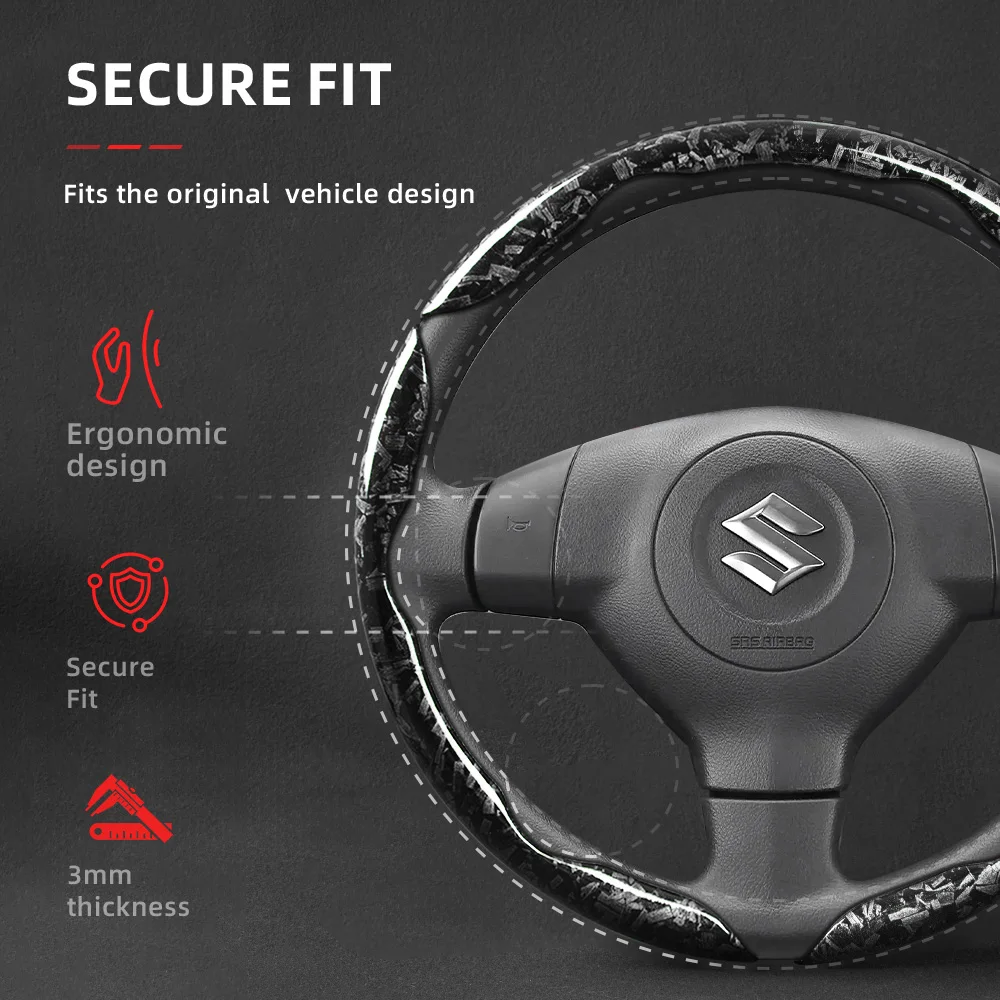 Suitable for Suzuki Forged Carbon Fiber Texture Steering Wheel Cover, Protective and Durable, Snap-On Quick Installation, Compatible with Wagon R Swift Ertiga Brezza Baleno Fronx Dzire Spacia Alto Eeco Hustler Grand Vi