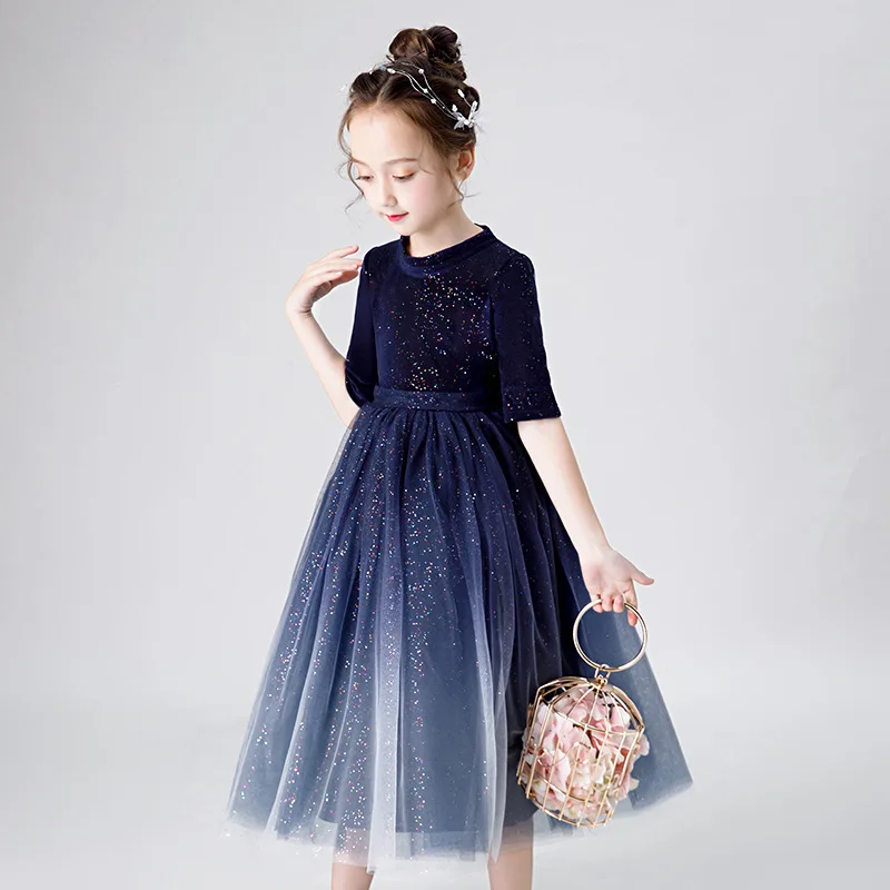 Girls' Long Sleeve Princess Dress Piano Gown Children's Performance Dress Little Flower Girl Puffy Dress Little Host Elegant Cat