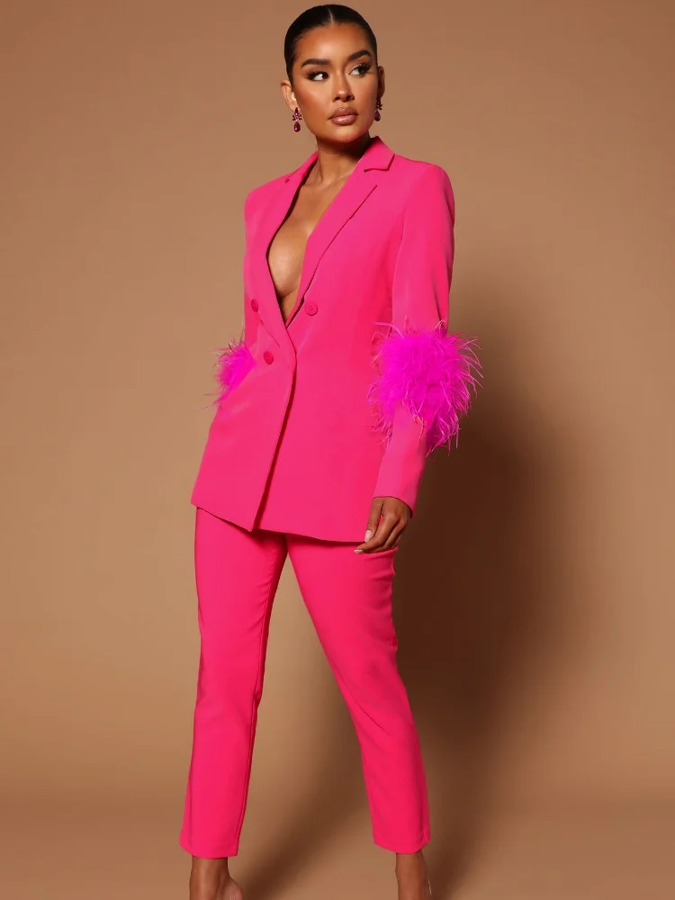 

Three Sisters New Arrivals Autumn Fashion Leisure Commuting Woman Clothing Solid Color Feathered Jacket Two-piece Set Pantsuits