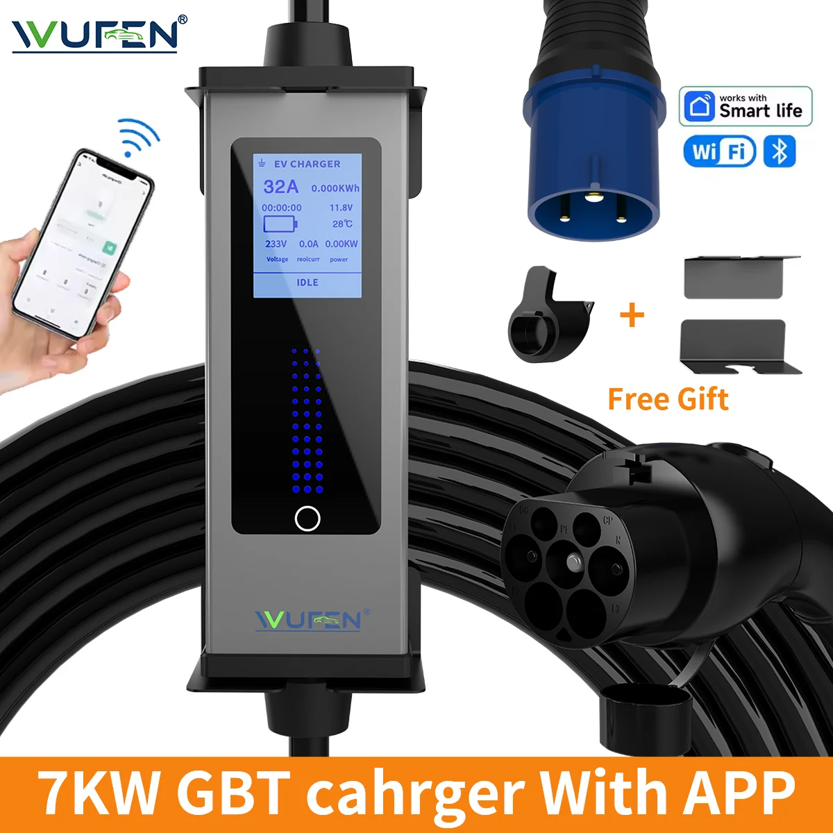 

WUFEN GBT 32A 7KW Портативное зарядное устройство для электромобилей GBT Зарядное устройство для электромобиля с кронштейном GB/T Зарядный кабель Wi-Fi Bluetooth Управление через приложение