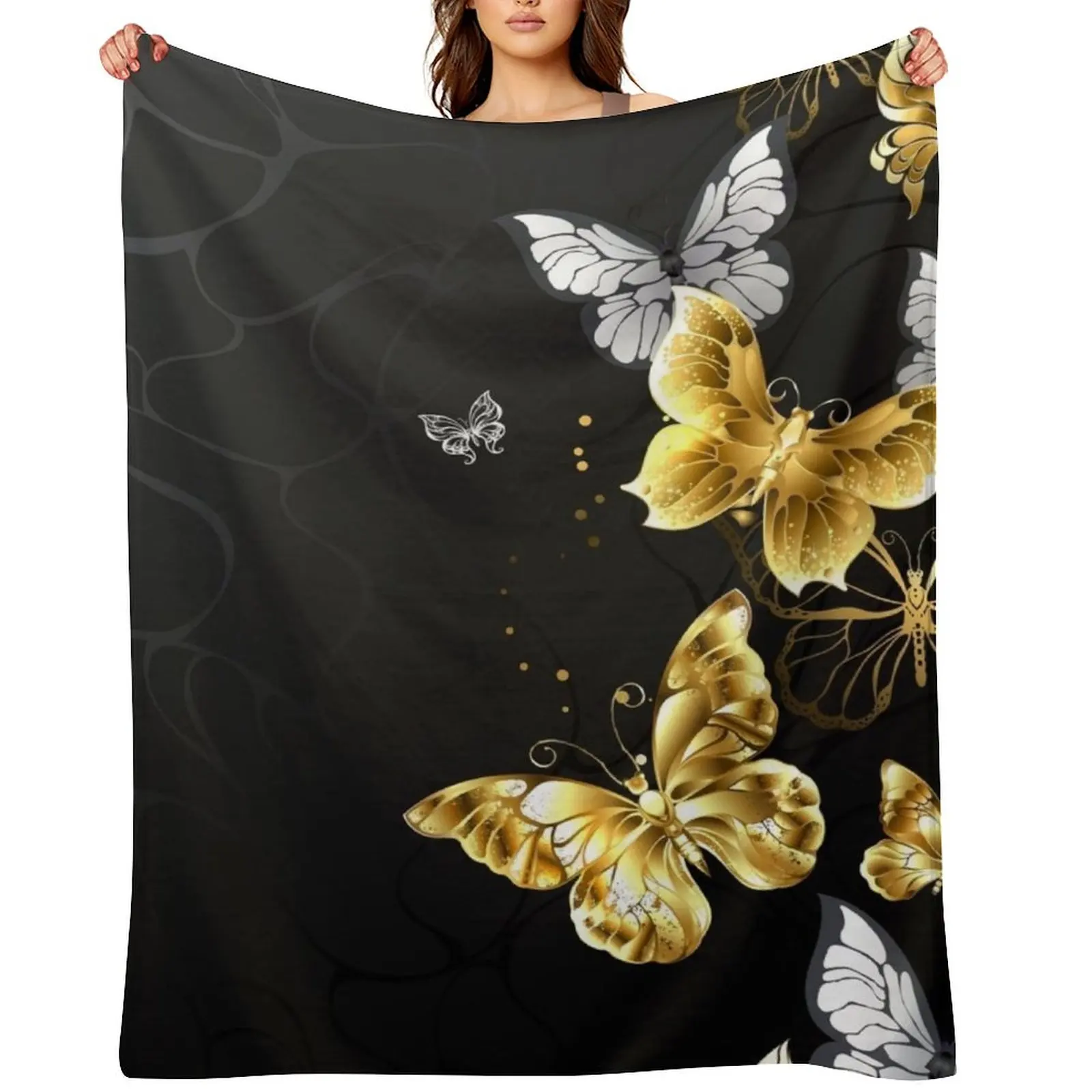Gold and White Butterflies Throw Blanket Softest Stuffeds for winter Heavy Blankets