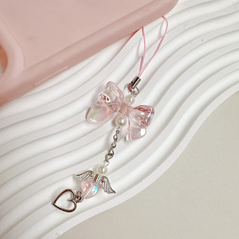Love Pendant Heart Fringe Phone Lanyard Sweet Bowknot Love Heart Pendant Phone Strap Girly Backpack Charm Key Chain Pendant Gift