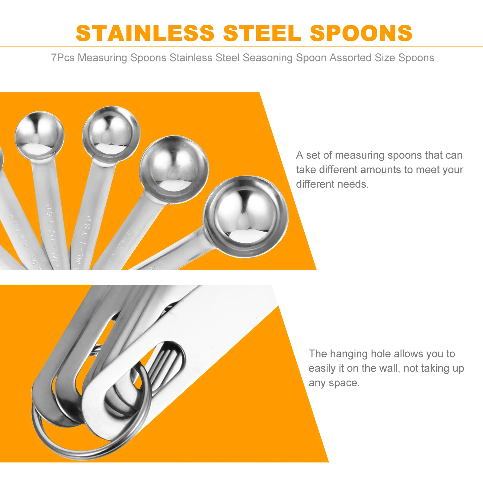 

7Pcs Kitchen Measuring Spoons Stainless Steel Assorted Sizes Seasoning Baking Tools Hanging Hole Multi Use