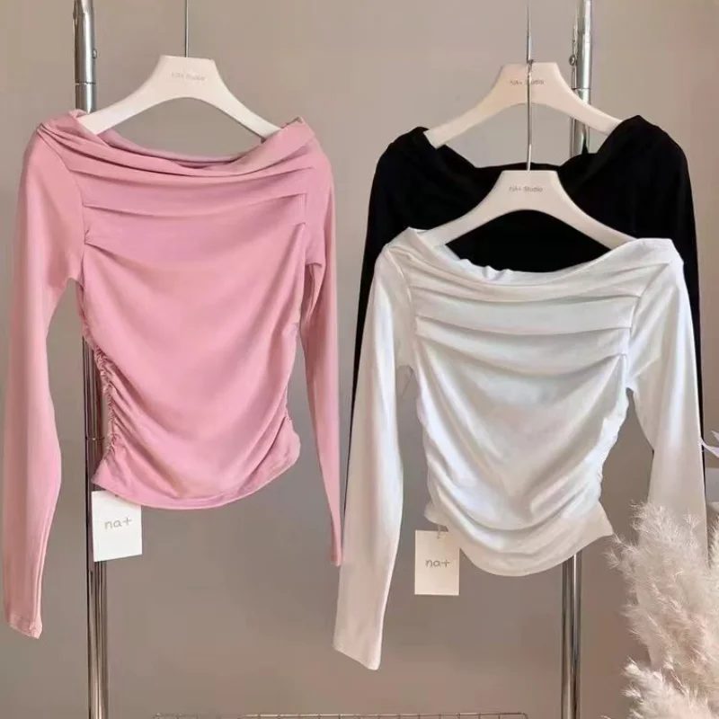 

Футболки со складками, женские футболки с разрезом на шее и длинными рукавами, нежные весенние укороченные топы в корейском стиле, темпераментные классические сексуальные женские топы для отдыха