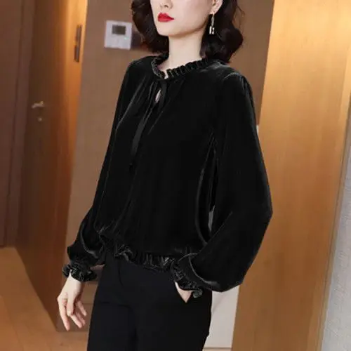 2024 V Neck Tees Chain T-shirt Woman Long Sleeve Clothing Golden Velvet Women's Top Youth Elegant Polyester Pullovers T811