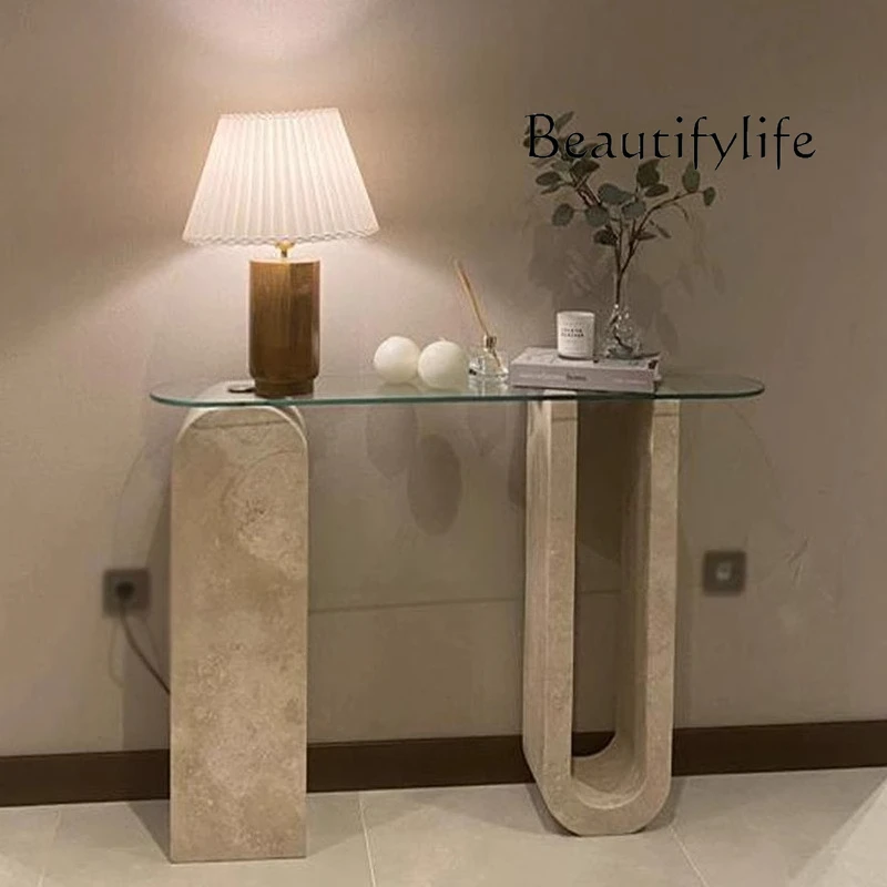 

Nordic light luxury natural travertine entrance table minimalist model house entrance aisle against the wall simple
