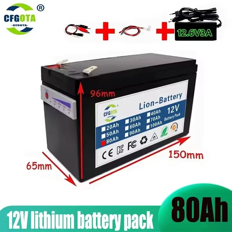 NEW Upgraded 12V 80Ah Built-In High Current 30A BMS 18650 Lithium Battery Pack For Solar Panels Batterie electric vehicle