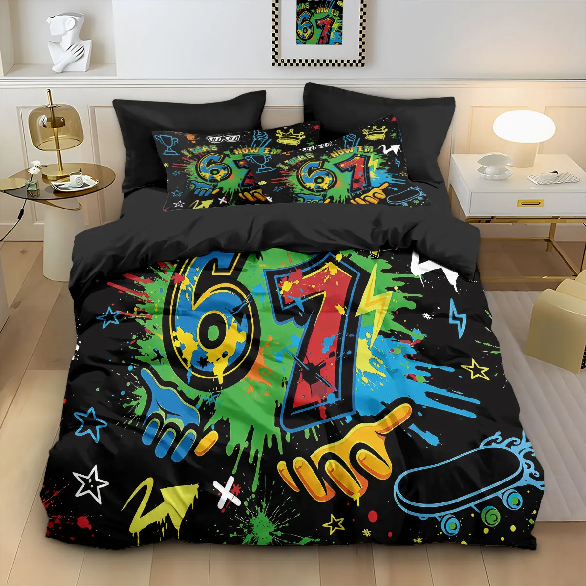 2026 3pcs Graffiti Style Game Controller 67 Element Printed Coreless Down Duvet Cover Set, Multi Size Bedroom Bedding Decoration