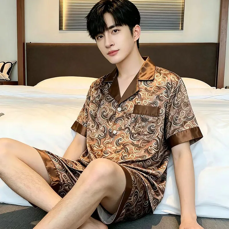 26 Spring Summer Men Summer Luxury 2piece Set Pajamasice Silk Short-sleeved Pants Home Wear Plus Size Sleepwear Nightgown Nighty