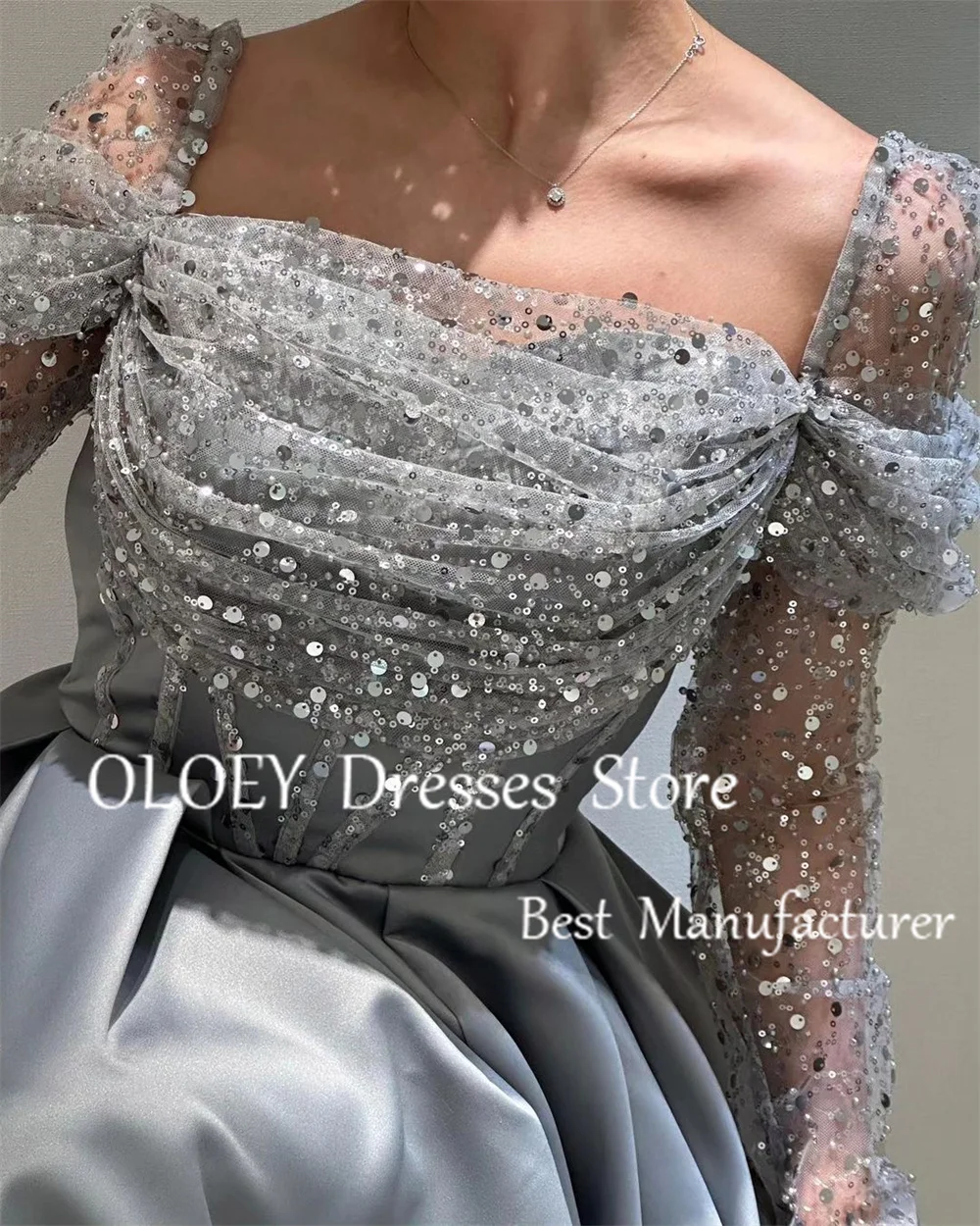 OLOEY Modest Beads Square Collar Evening Dress Full Sleeves A Line Wedding Party Dress Silky Taffeta Prom Gown Custom Made