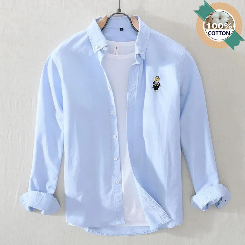 100% bawełna jesienna nowa koszula z długim rękawem dla mężczyzn skręcić w dół kołnierz luźne koszule moda odzież męska topy z logo małego misia