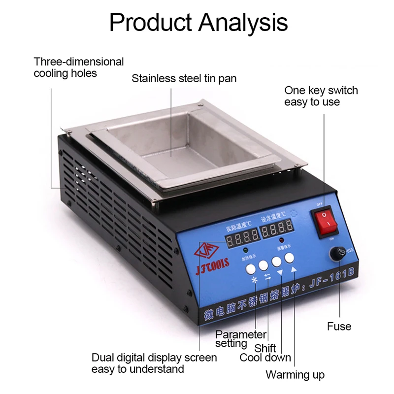 

Tin Melting Pot Solder Pot Tin Melting Furnace Thermoregulation Soldering Desoldering Bath 30~400 Degree Ajustable 220V/110V
