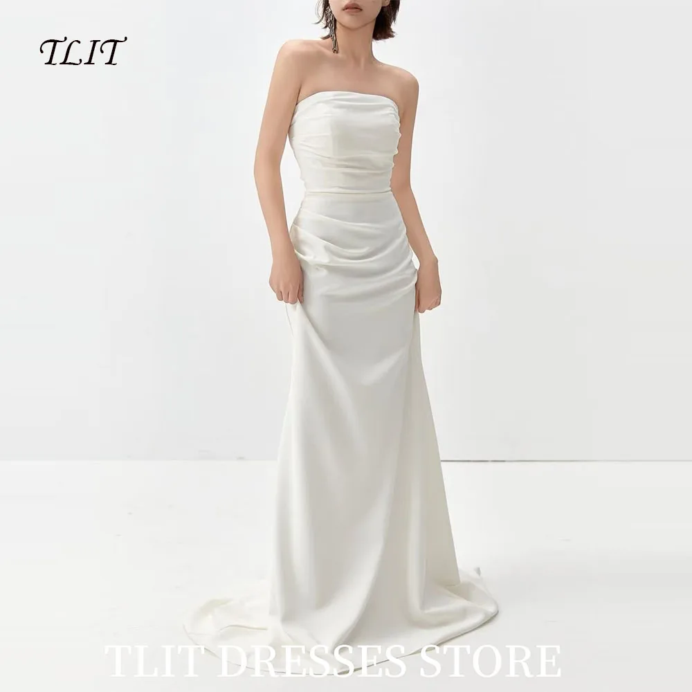 

TLIT Simple Silk Satin Wedding Dress Strapless Sleeveless Bridal Gown Korea Wedding Dresses Photo Shoot Customized 웨딩드레스