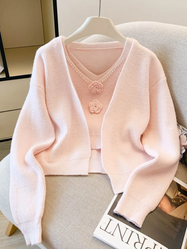 Princess Style Glitter Knitted Sweater Jacket Women's Autumn Beautiful Two-Piece Set Soft Long Sleeve round Neck Top And Vest
