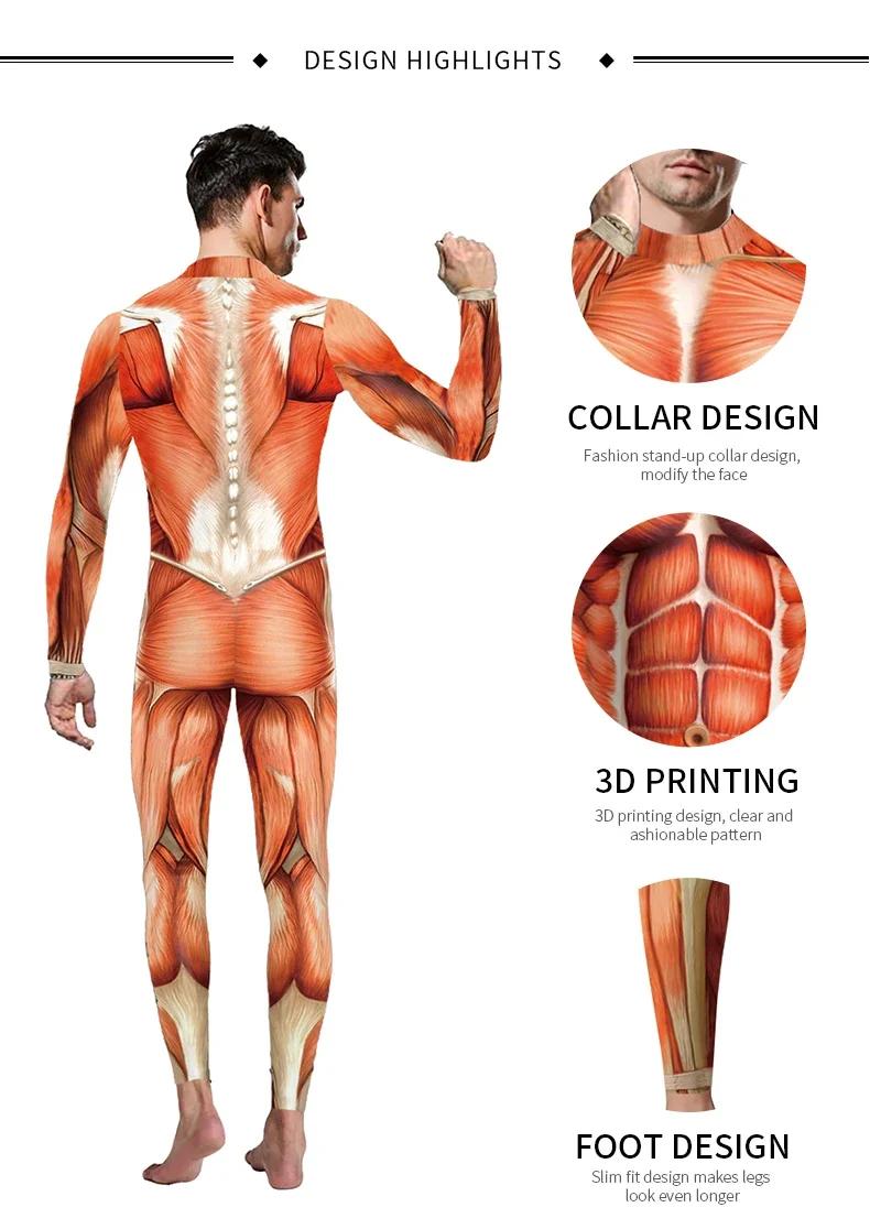 Disfraz de Cosplay de músculos humanos de Anime para hombre, monos con estampado 3D, traje de fiesta de Halloween para adultos, monos Zentai ajustados, ropa de espectáculo