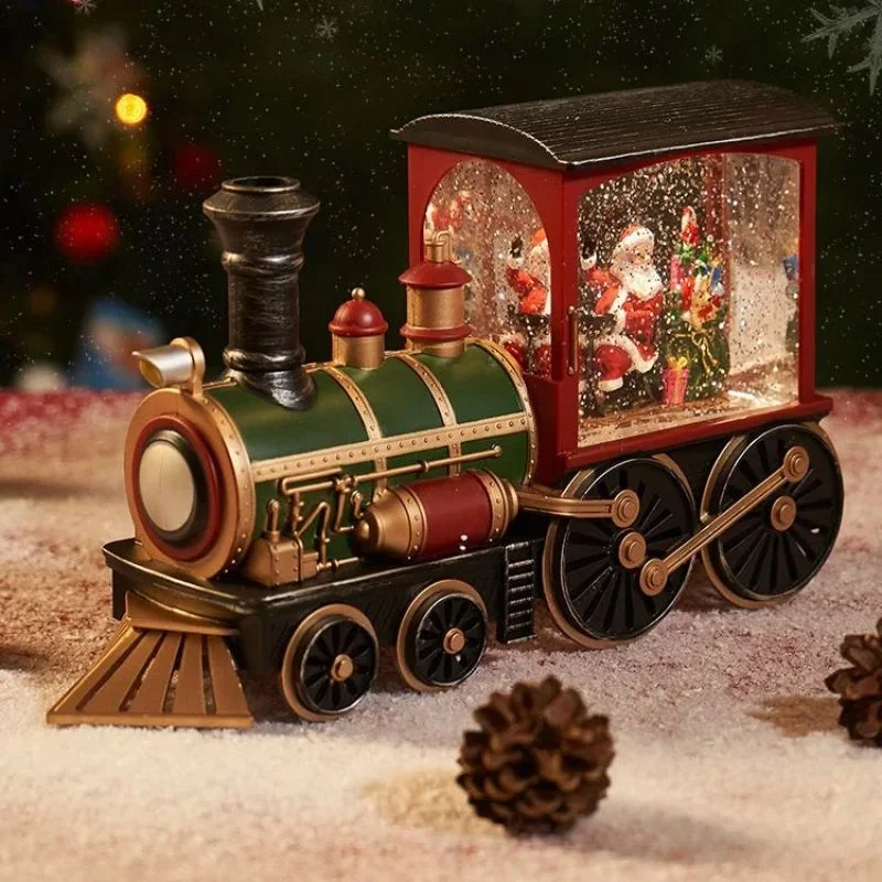 Christmas Train Figurines Santa Claus Snowman Water-filled Crystal Train Desktop Led Lights Ornaments Living Room Decoration