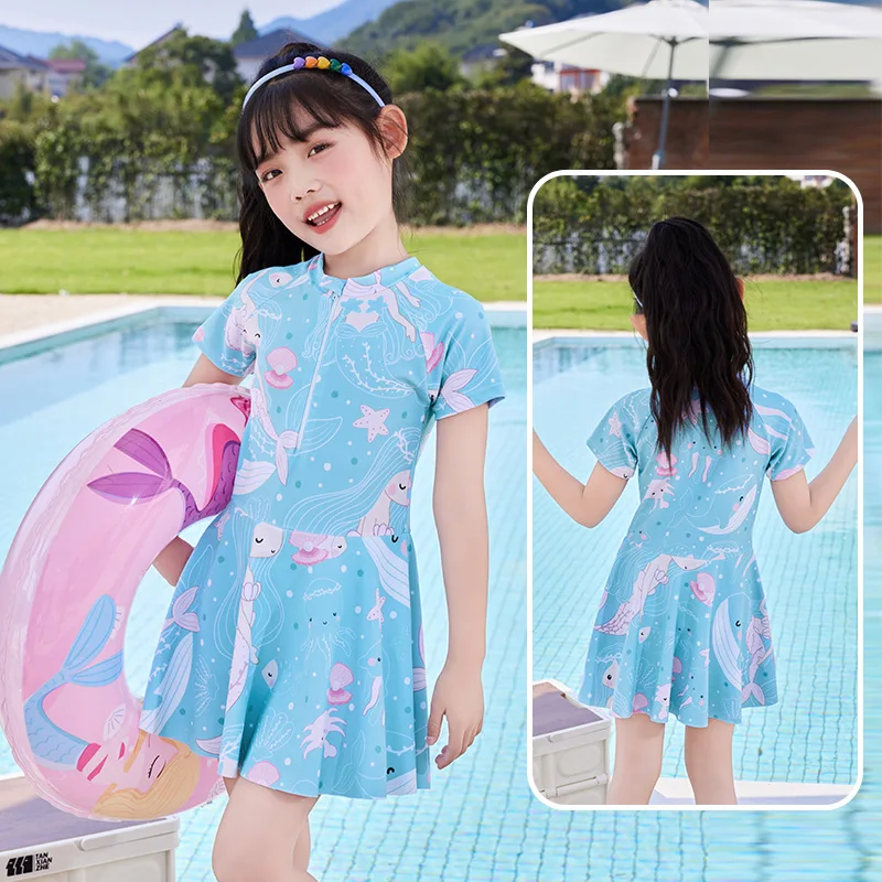 Costume da bagno per ragazze costume da bagno per bambini con stampa delfino blu cartone animato creativo costume intero per ragazza media grande